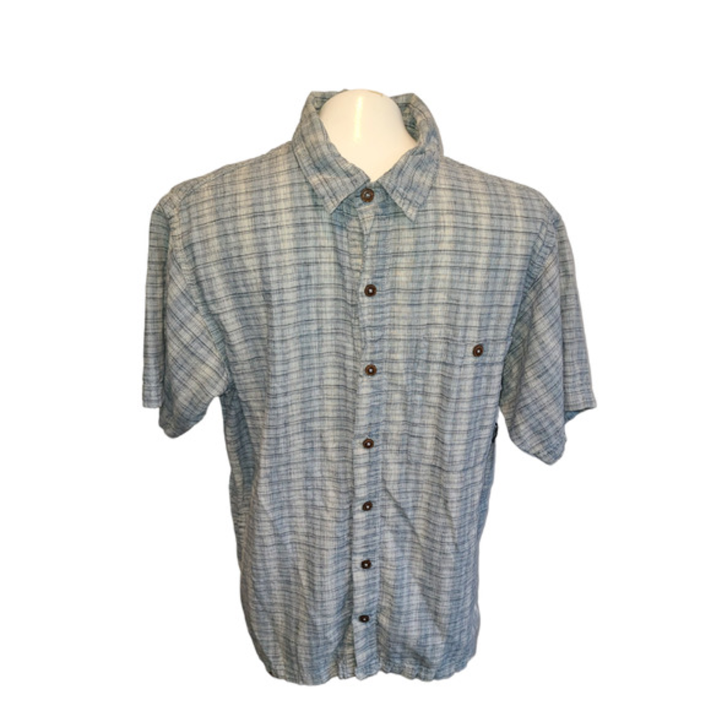Patagonia Mens Medium Blue Plaid Organic Cotton Hemp Short Sleeve Button Down